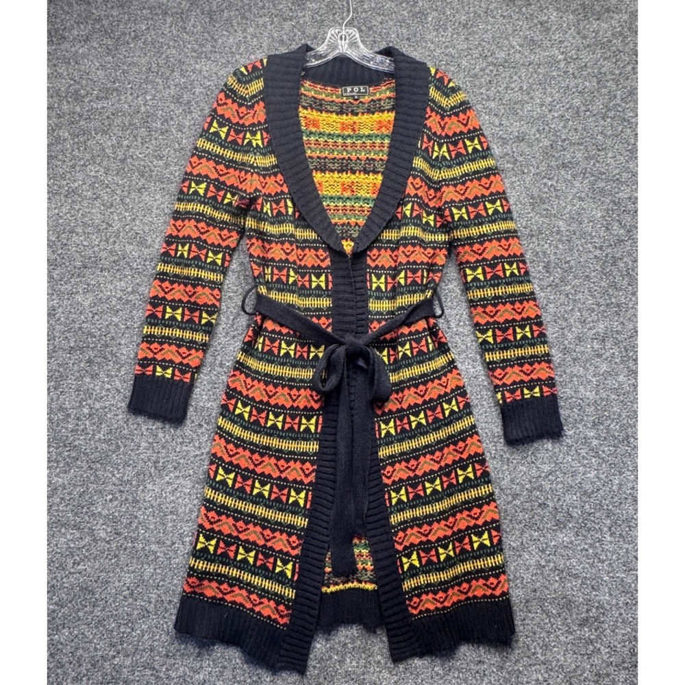 POL Longline Cardigan Women S Black Orange Geometric Aztec Boho Duster Belted